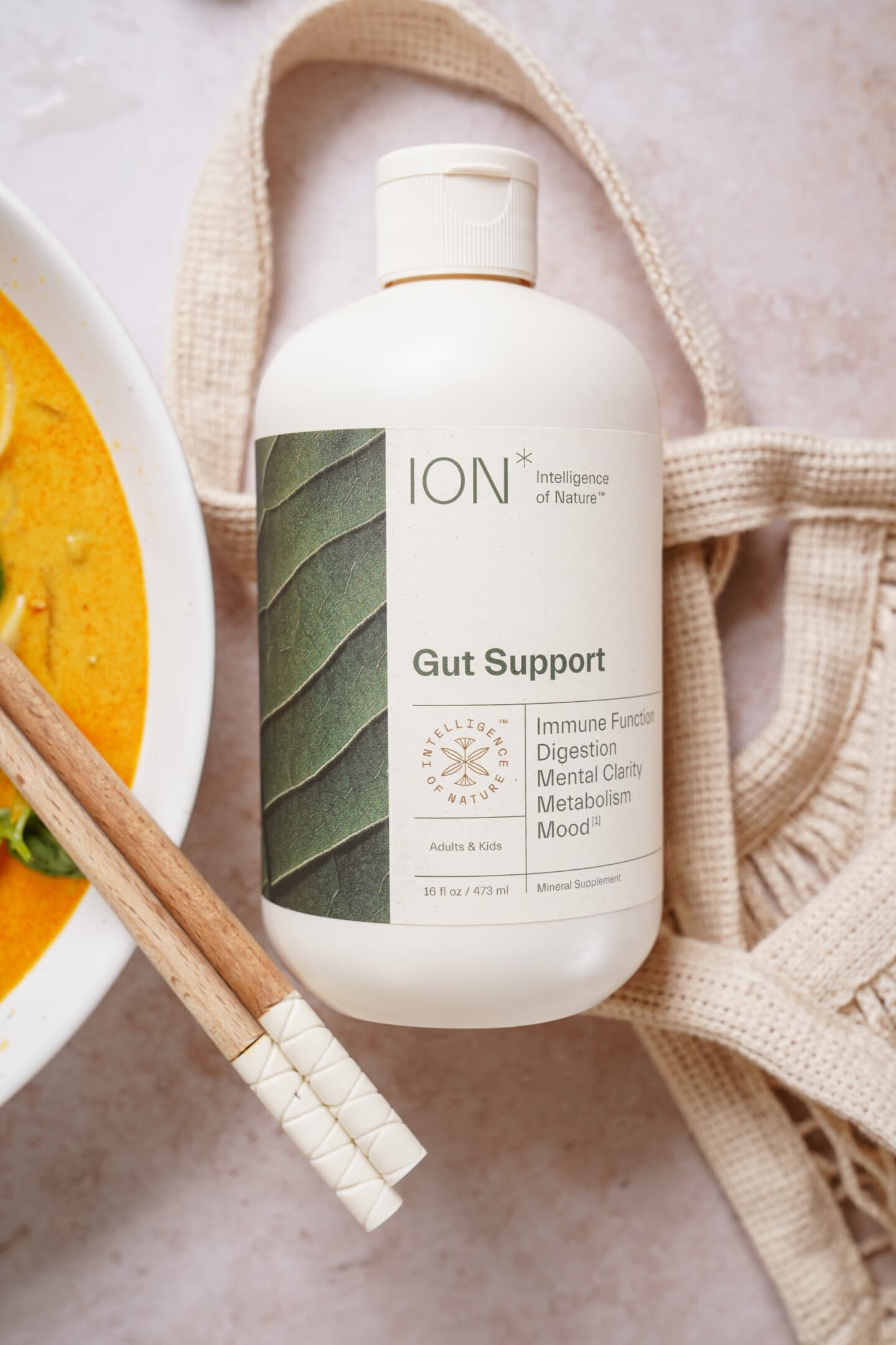 ION Gut support next to Thai noodle soup