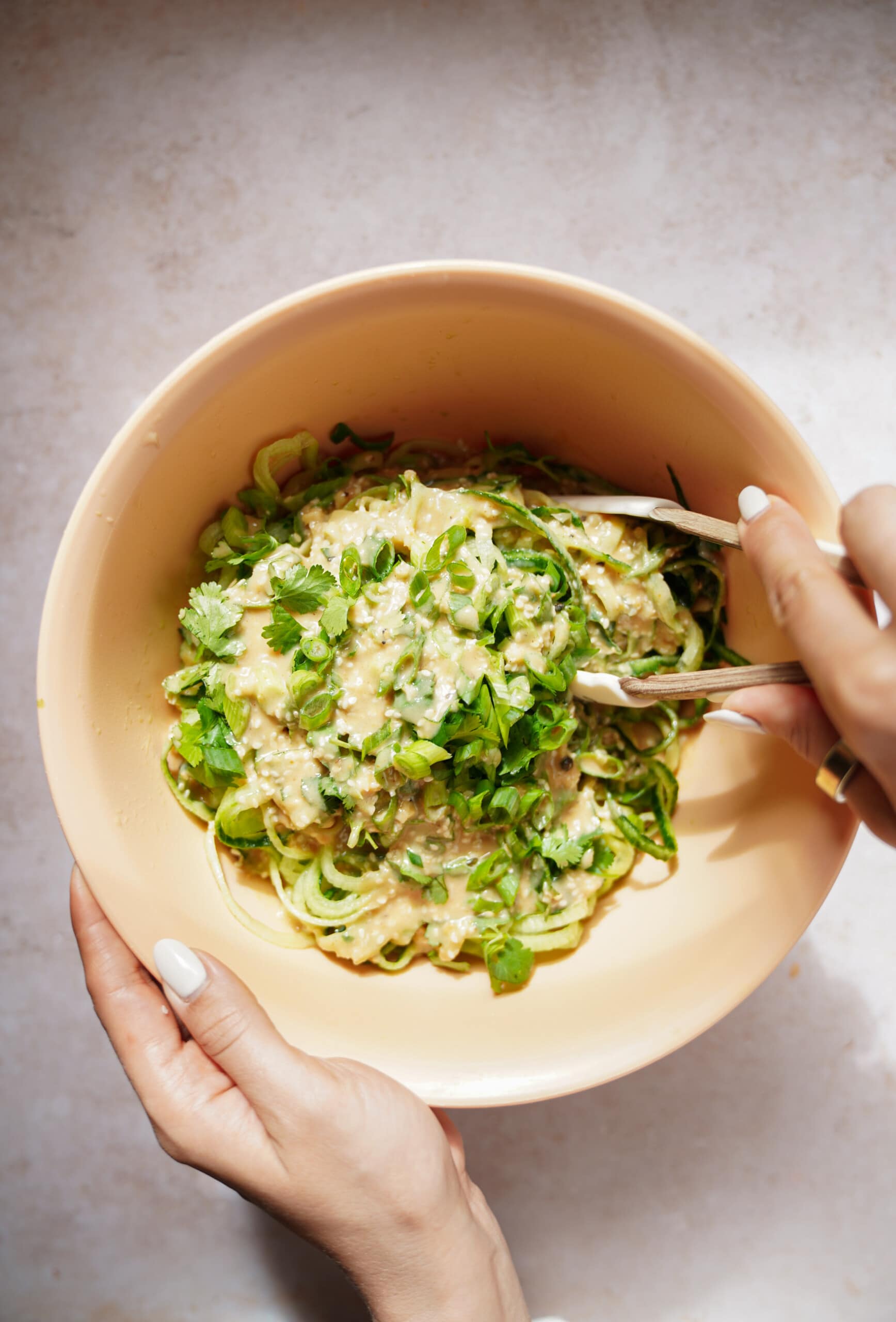 Spiralized cucumber salad in a bowl