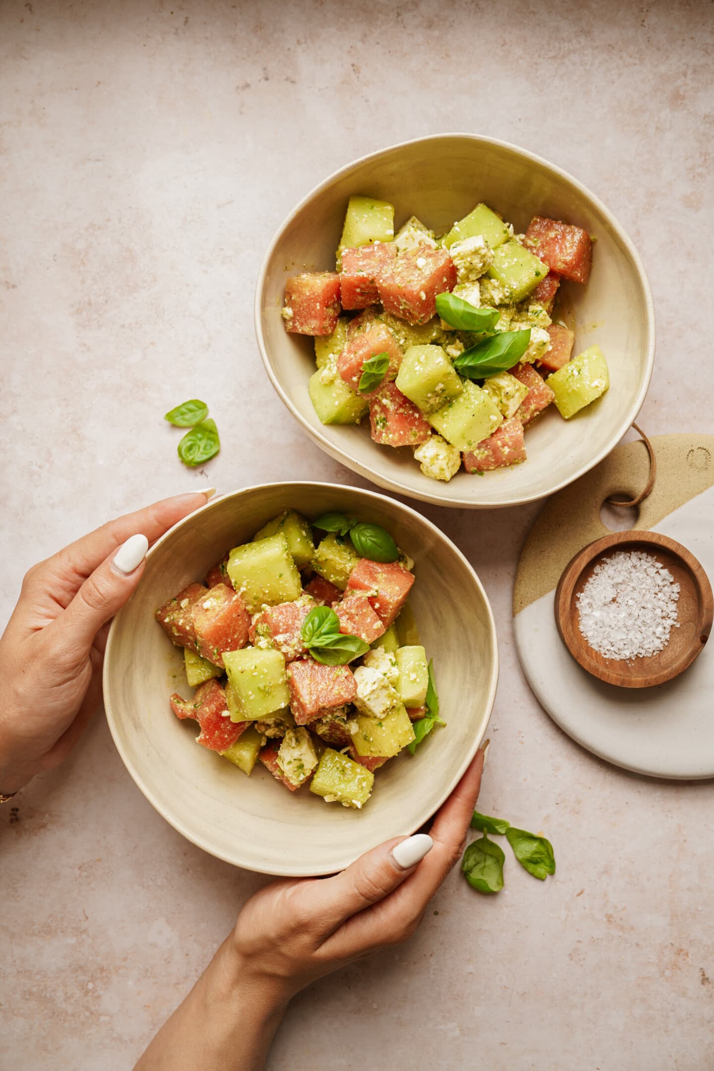 Watermelon salad with feta in bowls