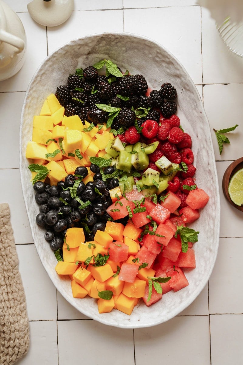 fresh fruit salad in a serving dish