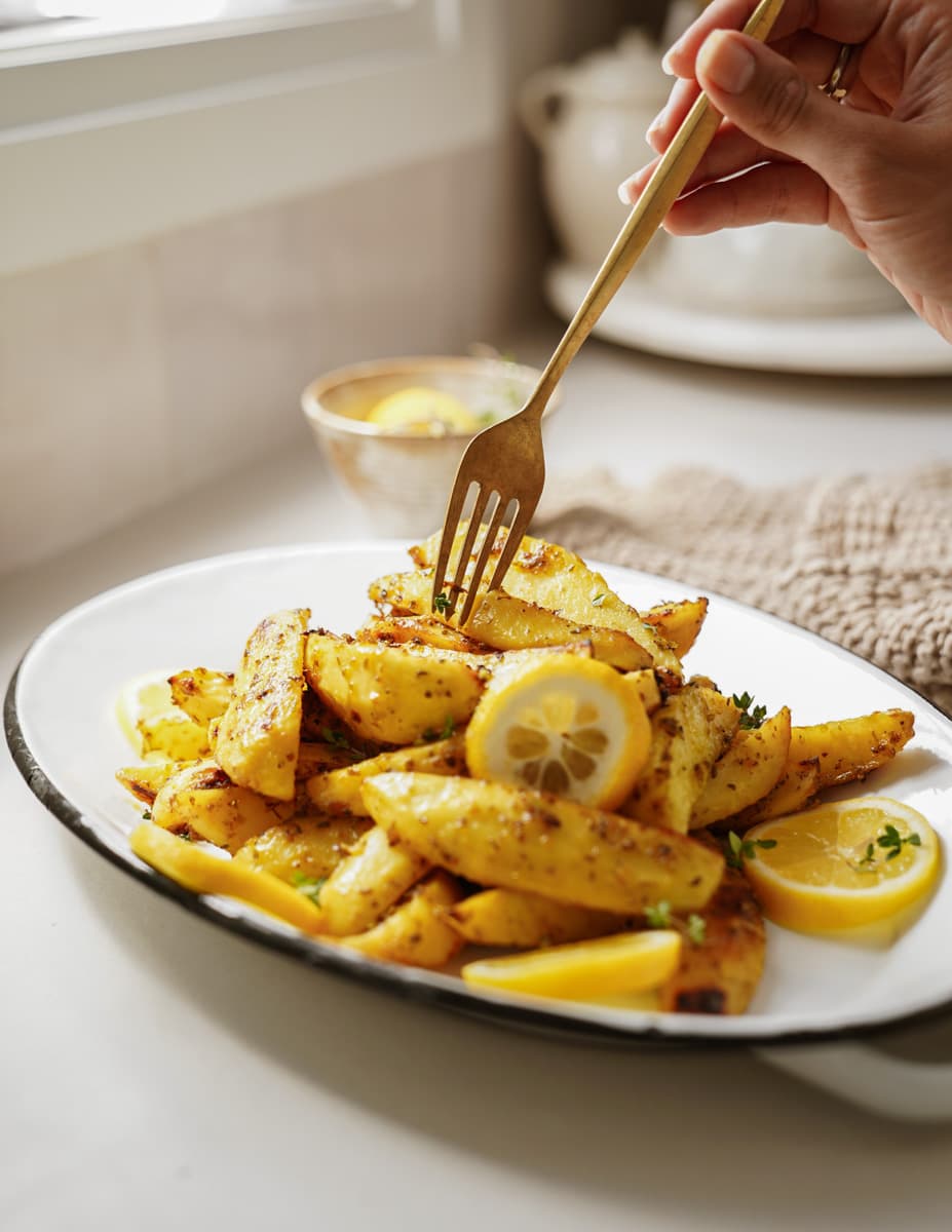 Greek potatoes on a serving plate