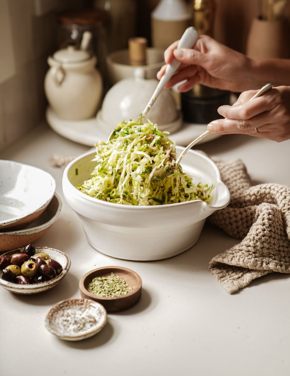 Serving bowl of Greek Cabbage Salad