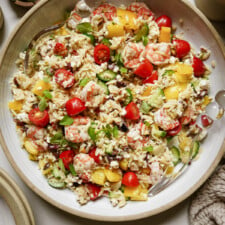 Orzo on a white serving dish