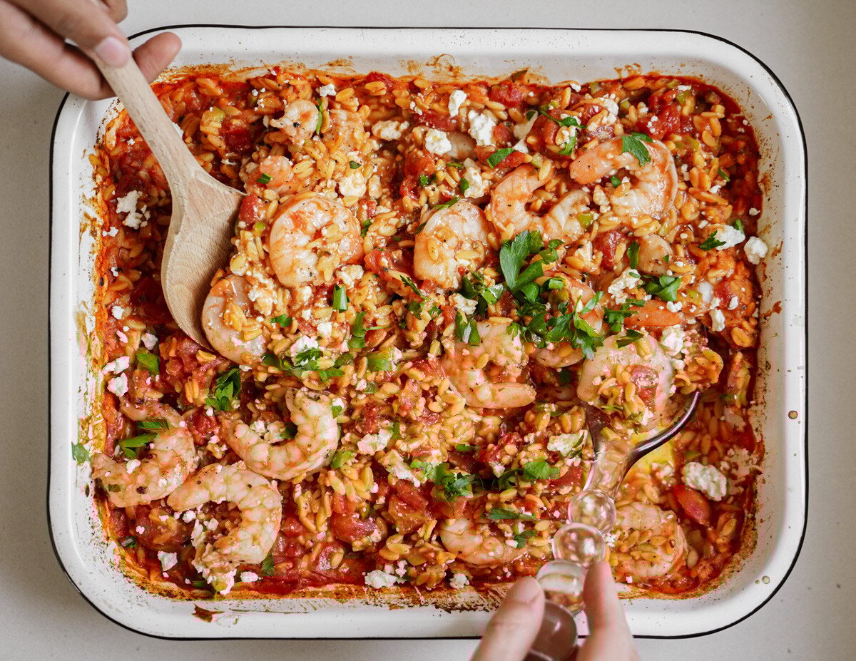 Greek Shrimp and Orzo Pasta Bake