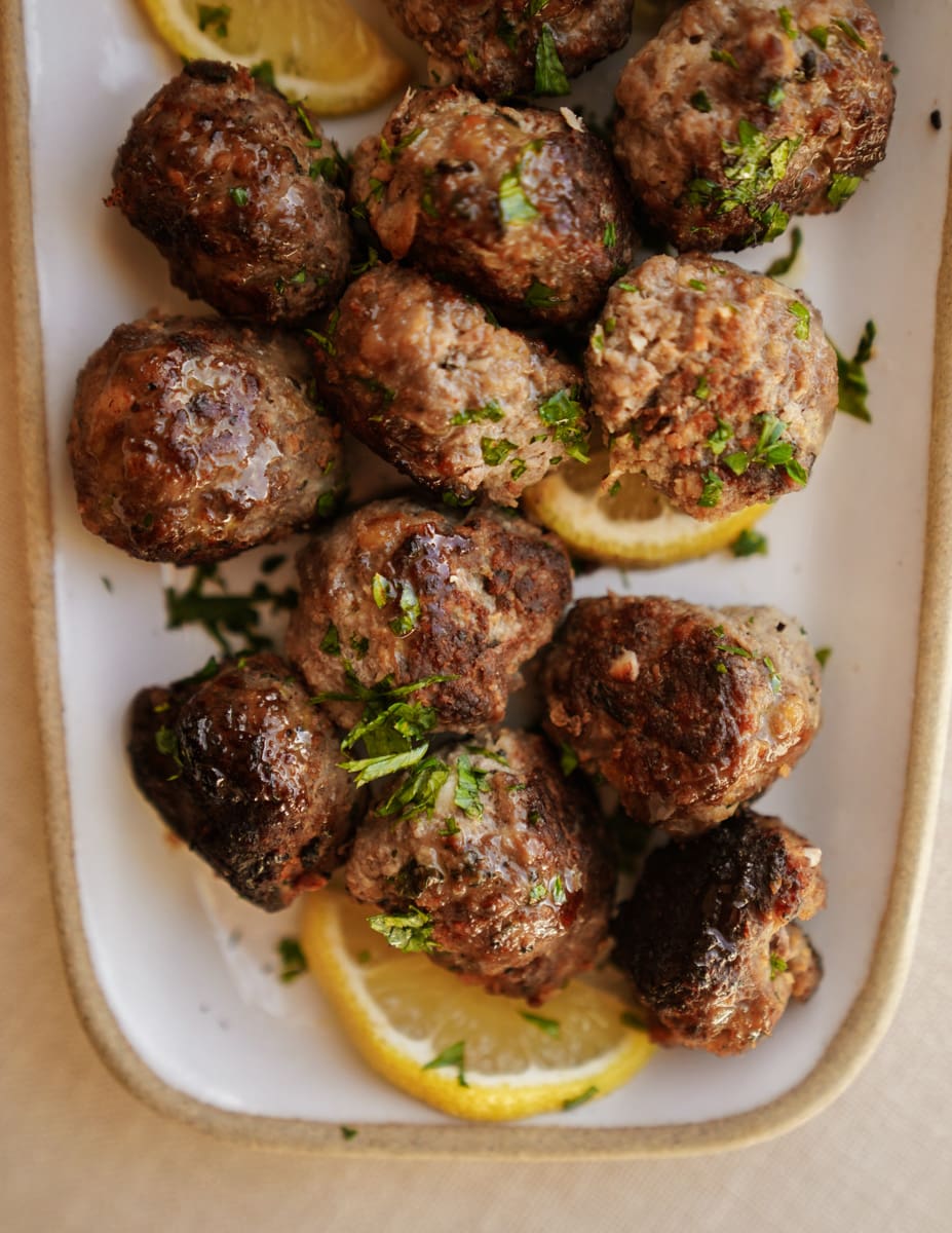 Close up of Greek meatball recipe on platter