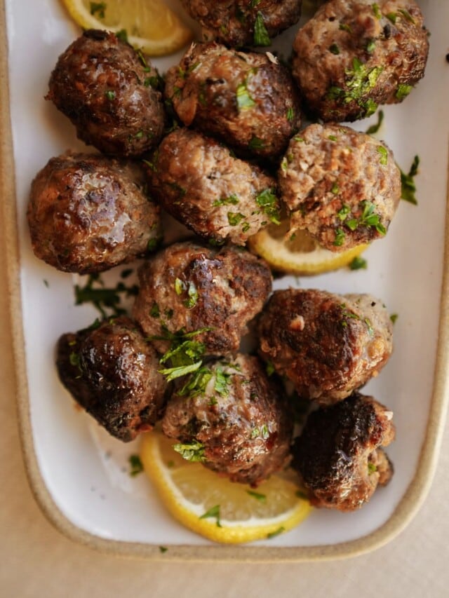 Close up of Greek meatball recipe on platter