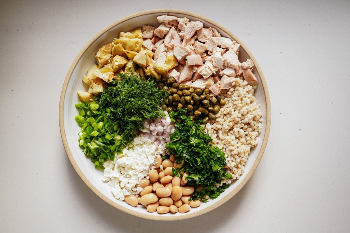 Bowl of healthy chicken salad on counter