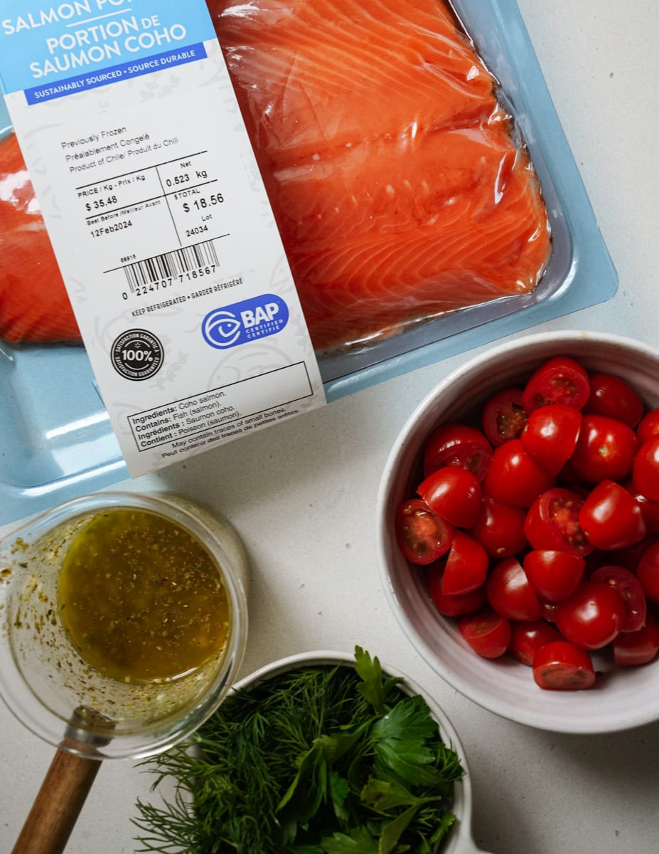Ingredients for sheet pan salmon on counter