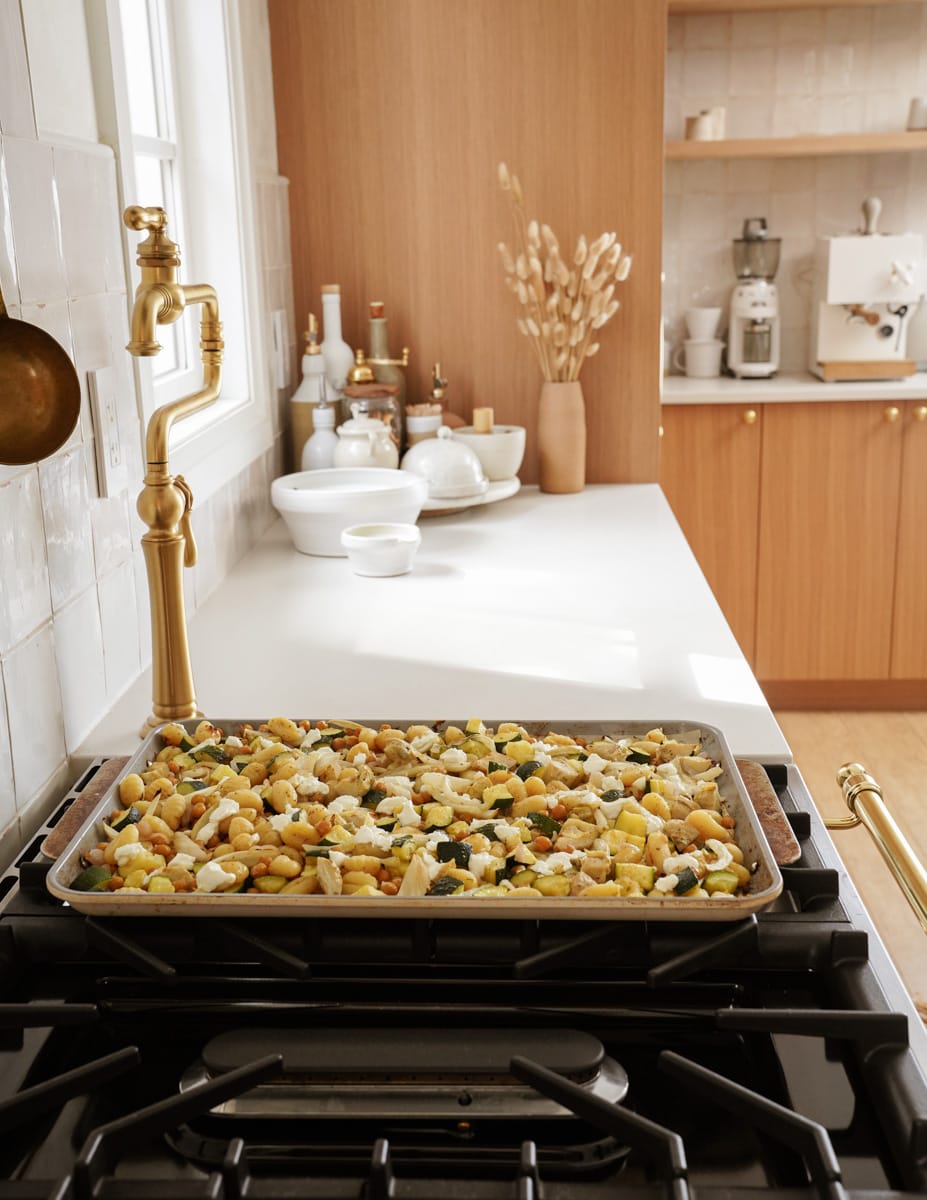 sheet pan of baked gnocchi