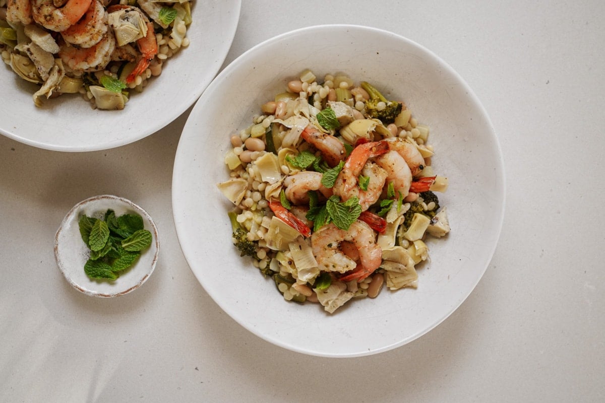 Pearl couscous and shrimp in a bowl