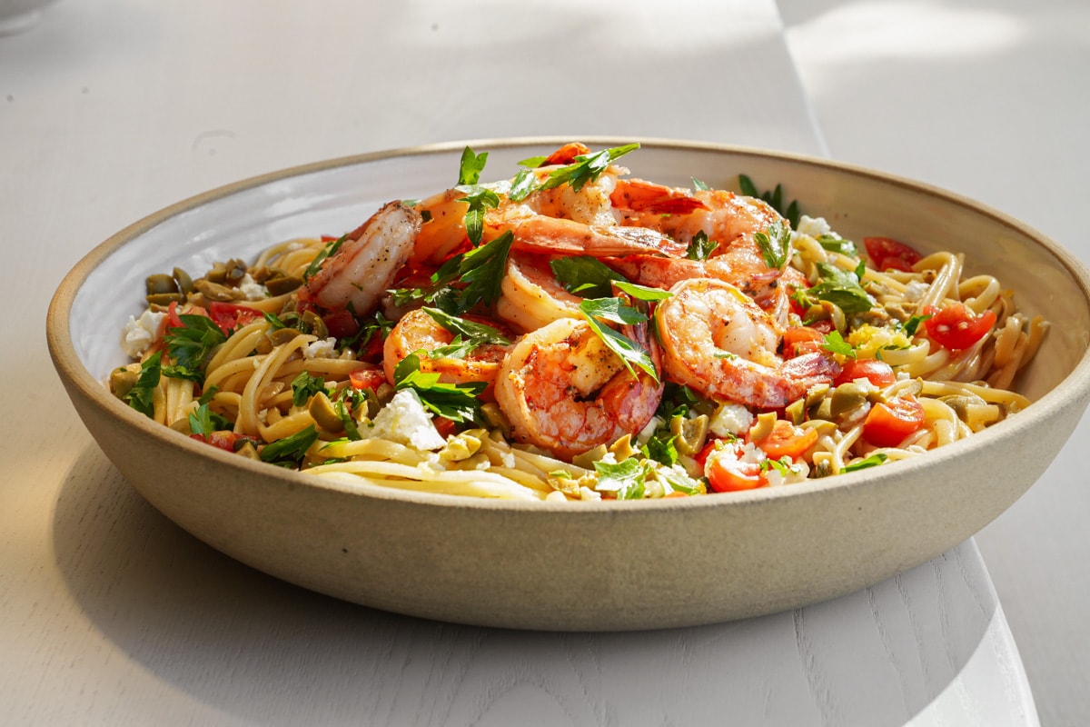 Close up of shrimp linguine in a bowl