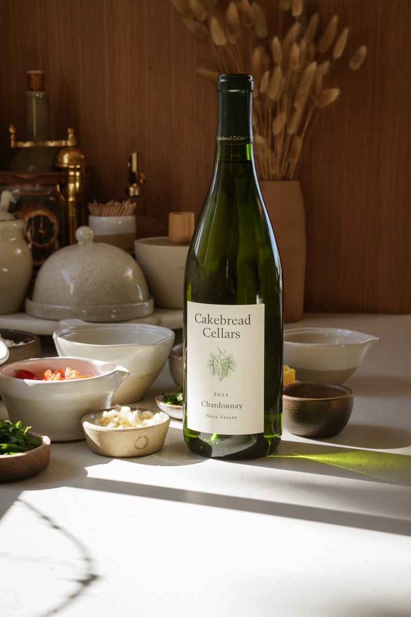 Wine from shrimp linguine on the counter with other ingredients