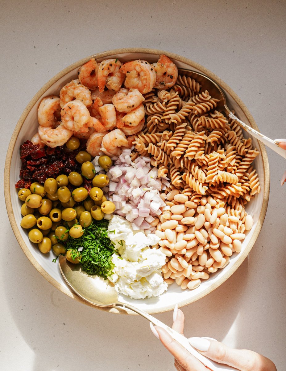 Shrimp pasta salad in a serving bowl