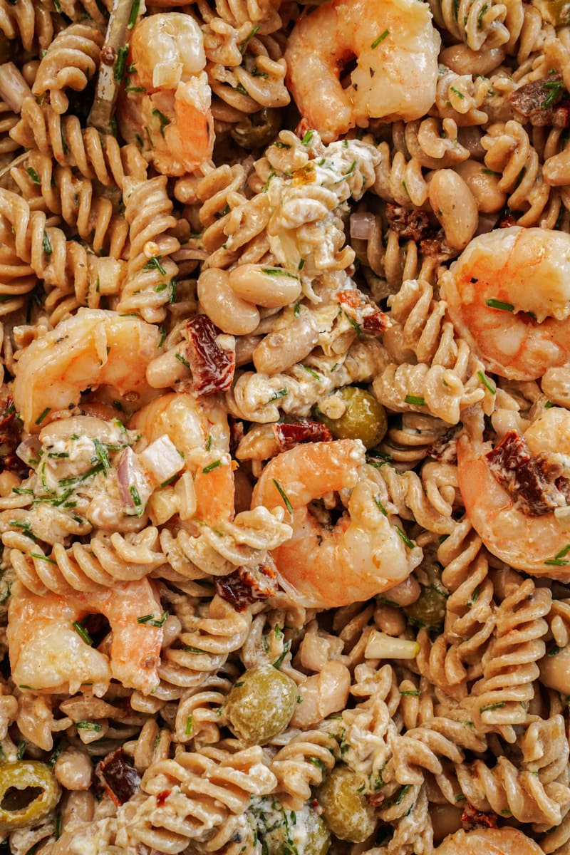 Close up of shrimp pasta salad