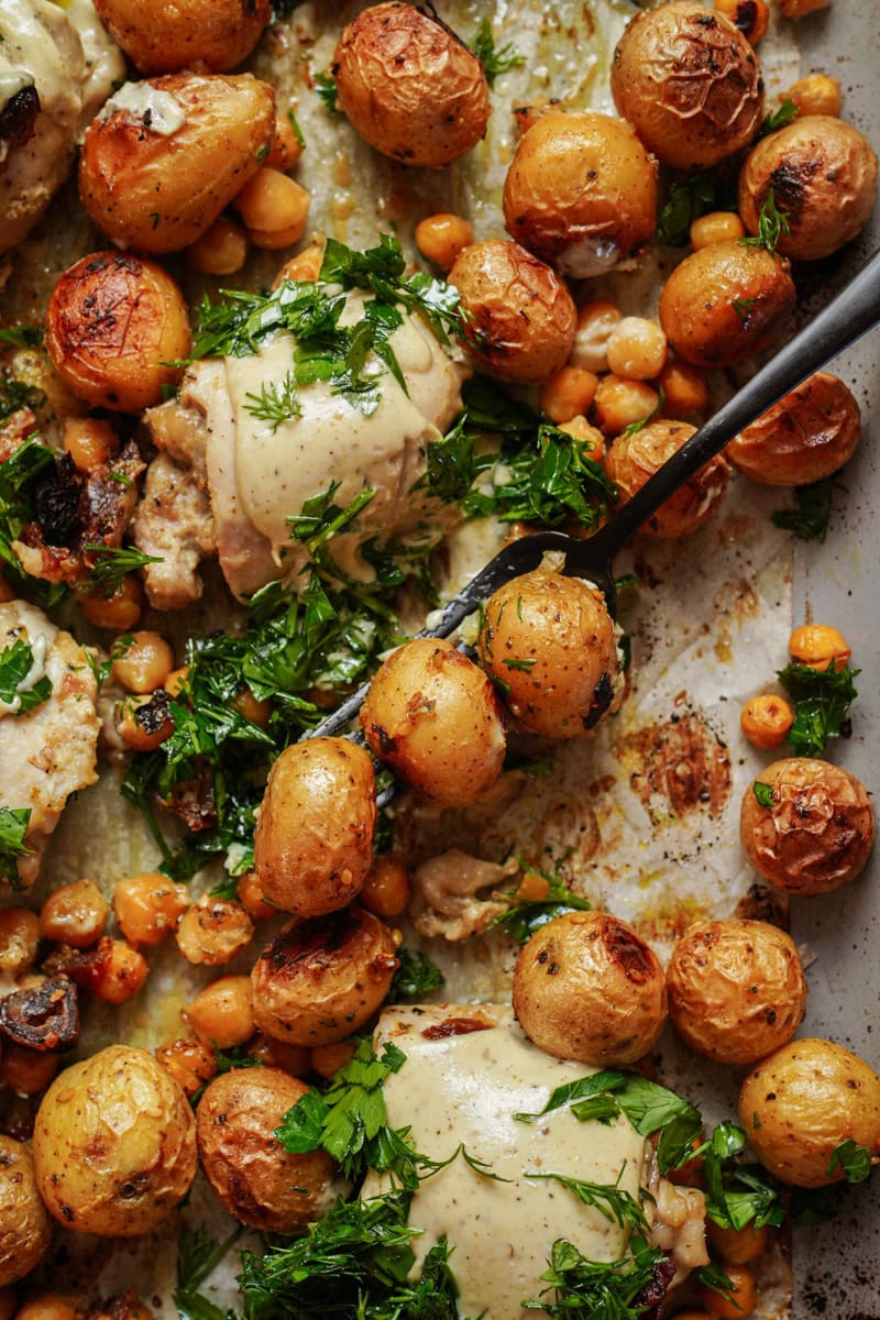 Close up of sheet pan chicken