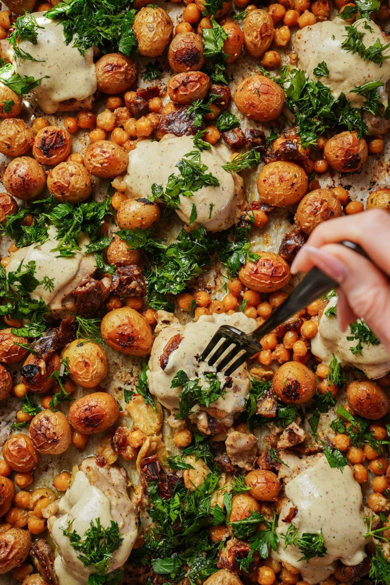 Close up of sheet pan chicken