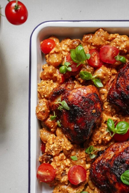 Crispy Chicken Thighs & Feta Gnocchi Bake