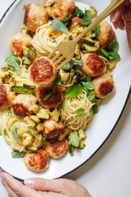 Jammy Zucchini Pasta with Shrimp Balls