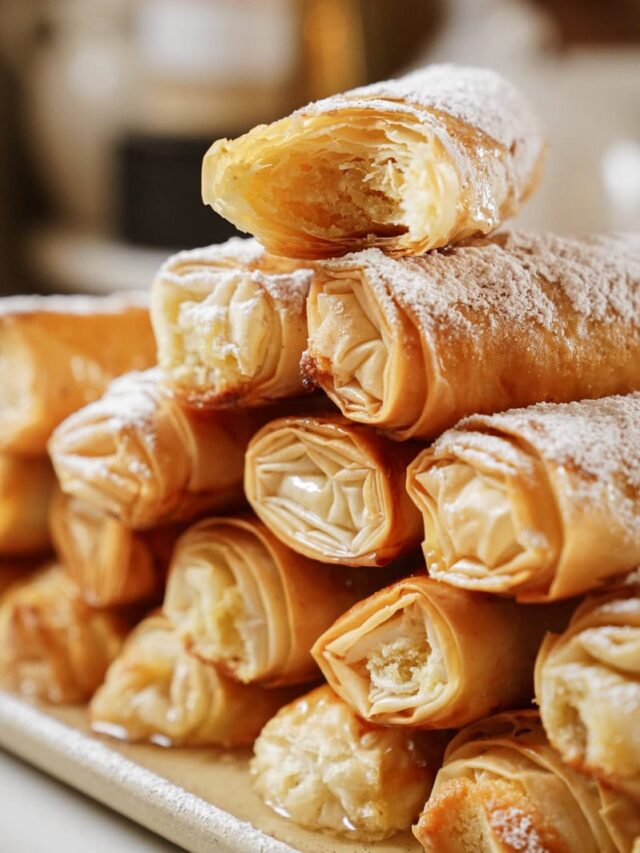 A stack of golden-brown, rolled pastries dusted with powdered sugar on a plate. The pastries have flaky, crisp layers, suggesting a light and airy texture inside.