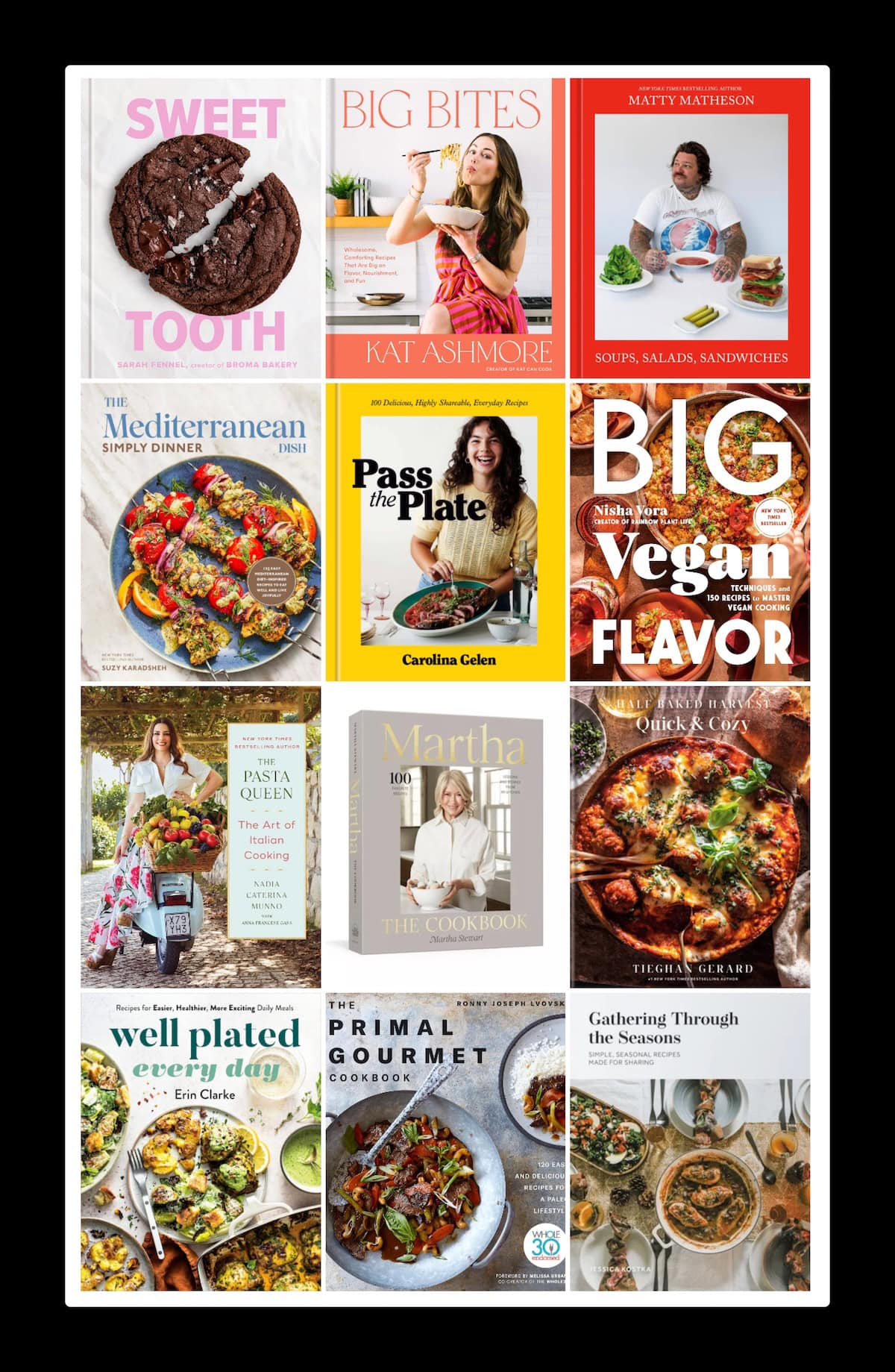 A collage of twelve cookbook covers featuring various themes like desserts, Mediterranean, vegan recipes, and more, each showcasing different dishes and authors.