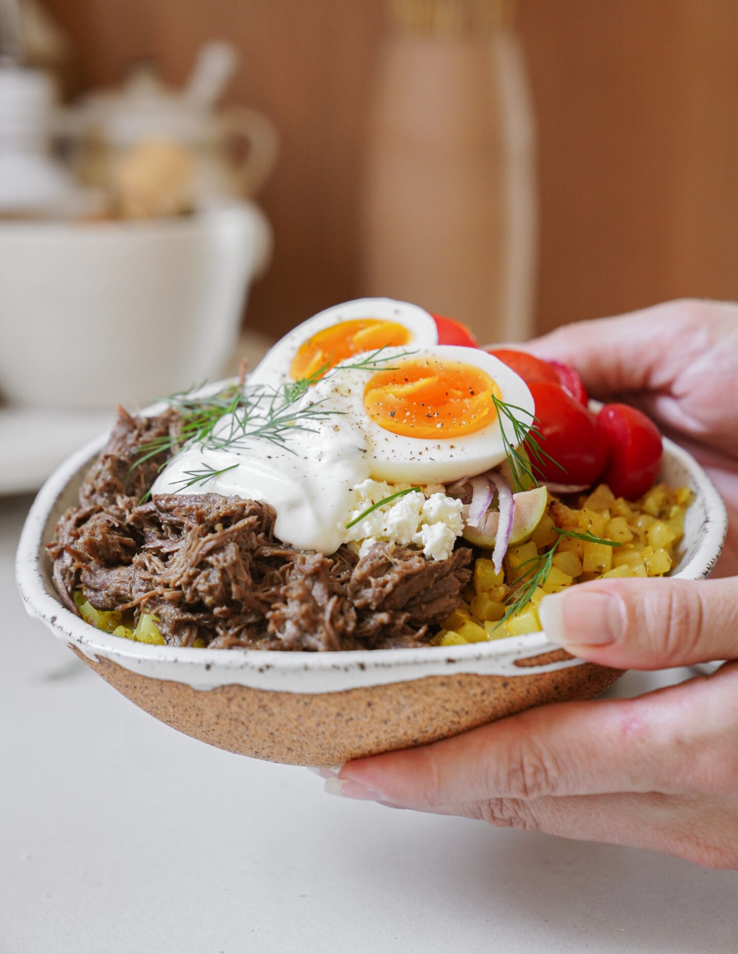 A hand holds a bowl filled with shredded beef, yellow rice, halved soft-boiled eggs, feta cheese, red tomatoes, onion, fresh dill, and a dollop of white sauce.