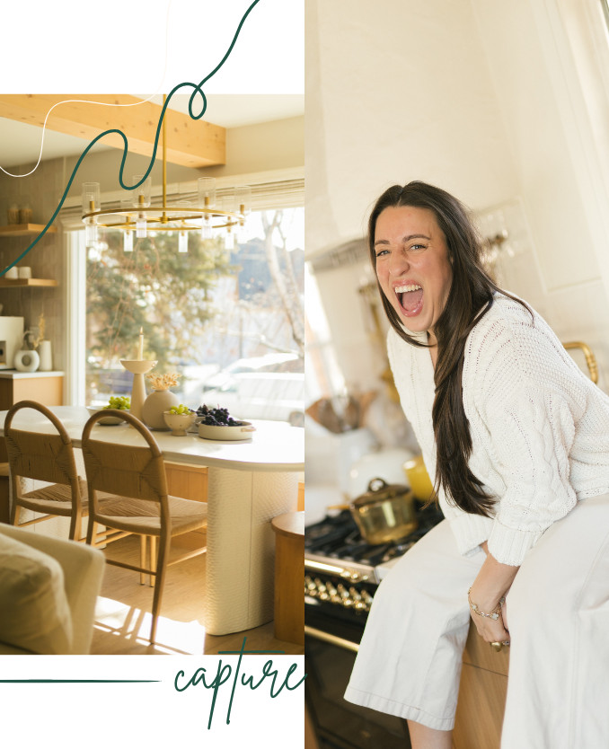 Split image: Left side shows a sunlit, cozy dining area with wooden chairs and modern decor. Right side features a woman in white clothing, joyfully smiling while sitting on a kitchen counter. The word capture appears at the bottom.