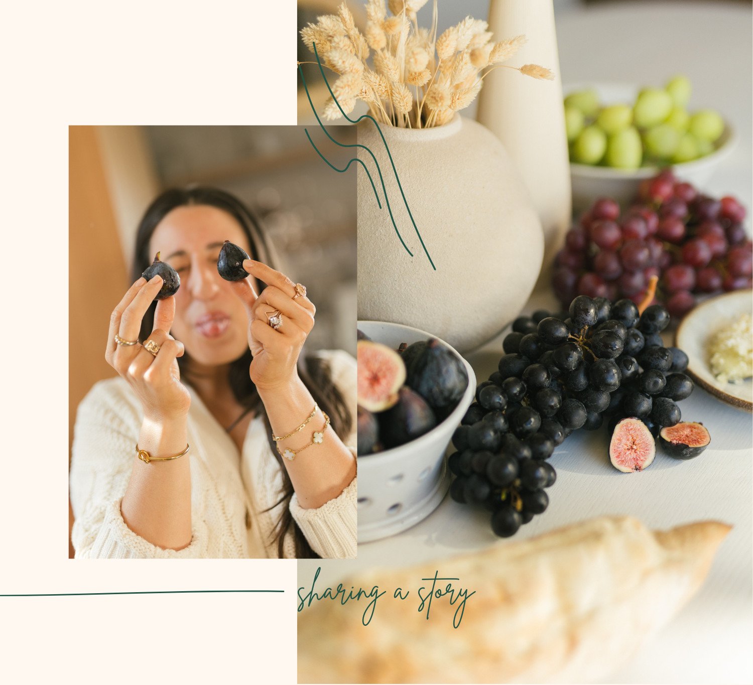 A woman holds two black grapes in front of her face with both hands. Beside her, a table displays black grapes, figs, red and green grapes, and a ceramic vase with dried grasses. The text reads sharing a story.