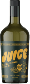 A dark green bottle labeled JUICE Extra Virgin Olive Oil with bold yellow text. The label features an illustration of olives on a branch and a cartoon character, and indicates the bottle contains 16.9 fl oz (500ml).