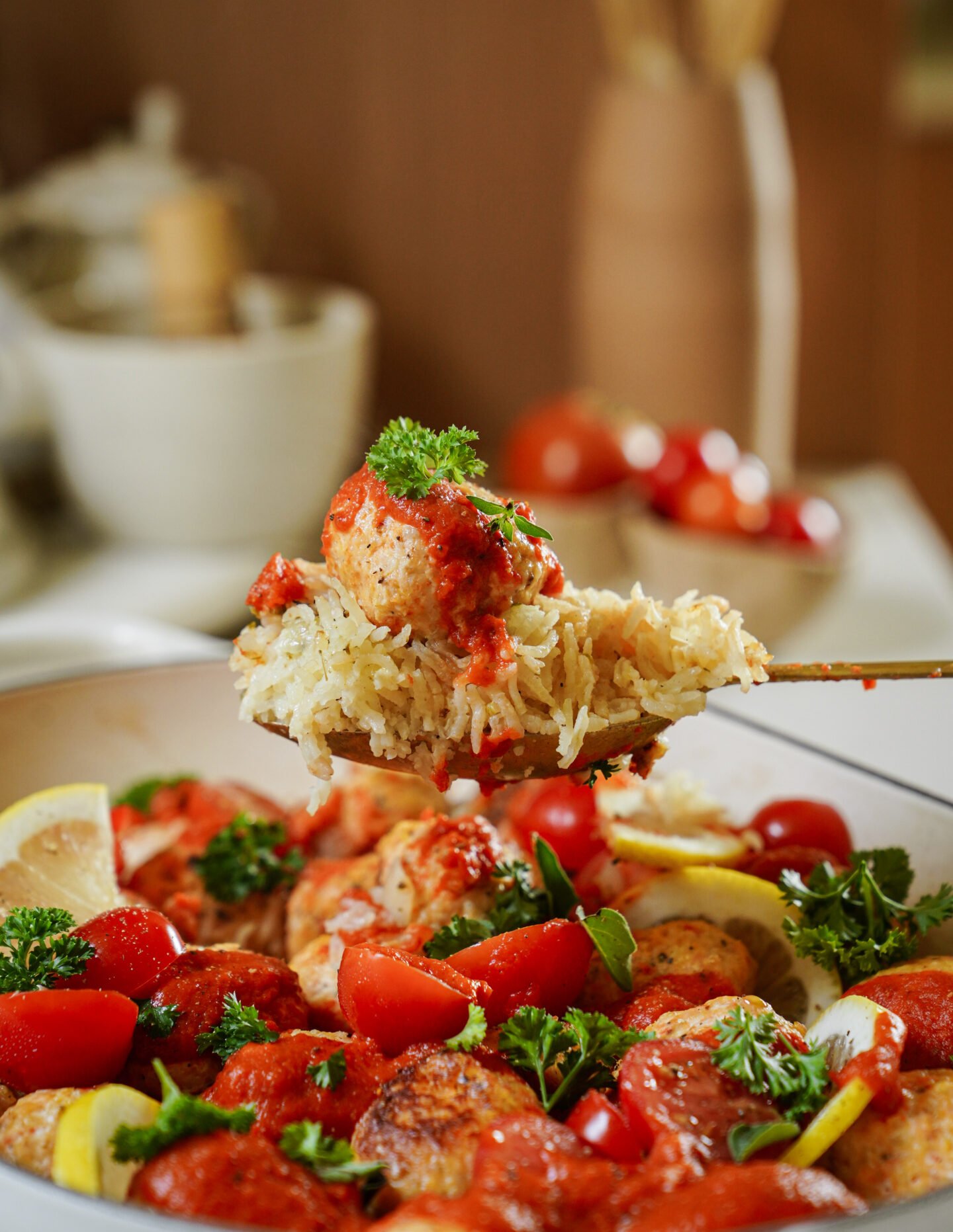 A spoonful of rice topped with tomato sauce and herbs is held above a dish filled with rice, chicken, cherry tomatoes, lemon slices, and fresh parsley. The background is softly blurred with kitchen items.
