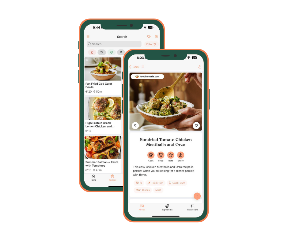 Two smartphones display a food recipe app showing various meal options and details for Sundried Tomato Chicken Meatballs and Orzo, including prep time, cook time, and a photo of the dish.