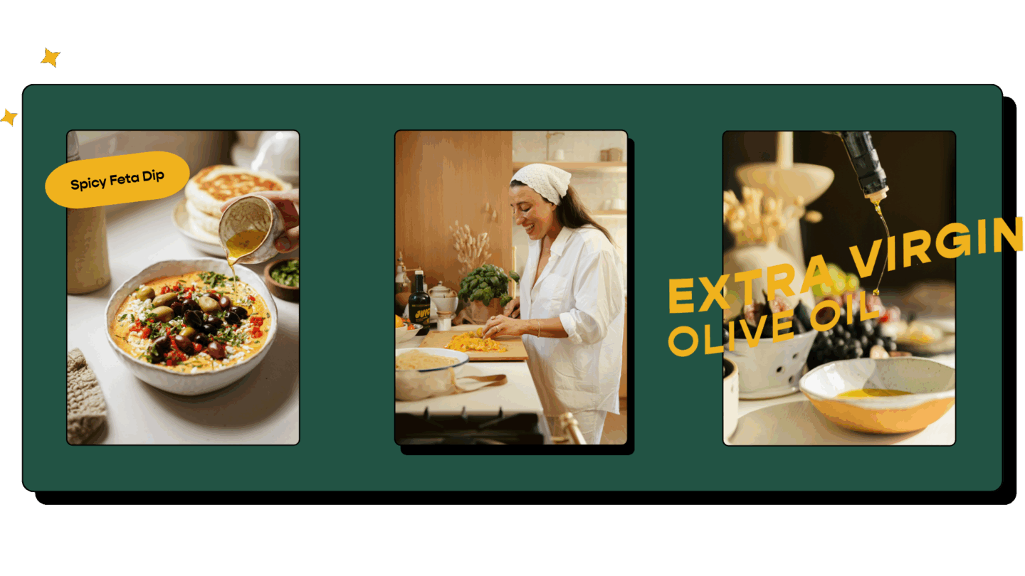 A collage showing a hand pouring olive oil onto a bowl of spicy feta dip, a woman in a kitchen preparing food, and olive oil being drizzled into a bowl, with the words EXTRA VIRGIN OLIVE OIL.