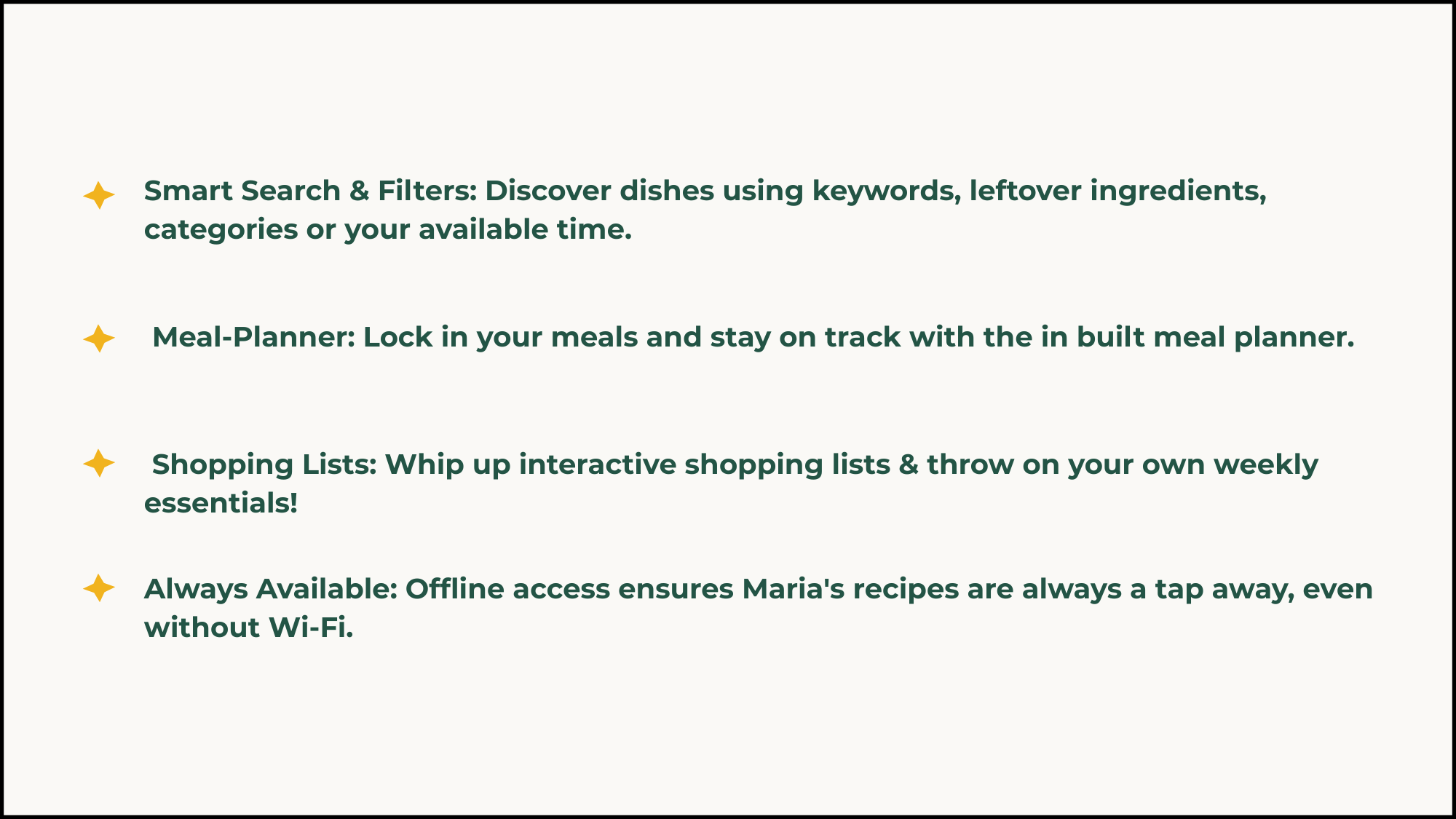 A list of four features with yellow star icons: Smart Search & Filters, Meal-Planner, Shopping Lists, and Always Available offline access, each with a brief description in green and yellow text.