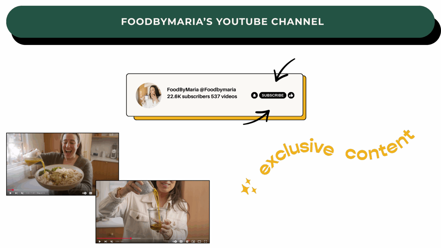 A banner promoting FoodByMaria’s YouTube channel, showing a subscribe button, subscriber count, and thumbnails of two cooking videos. The phrase “exclusive content” is written diagonally with decorative stars.