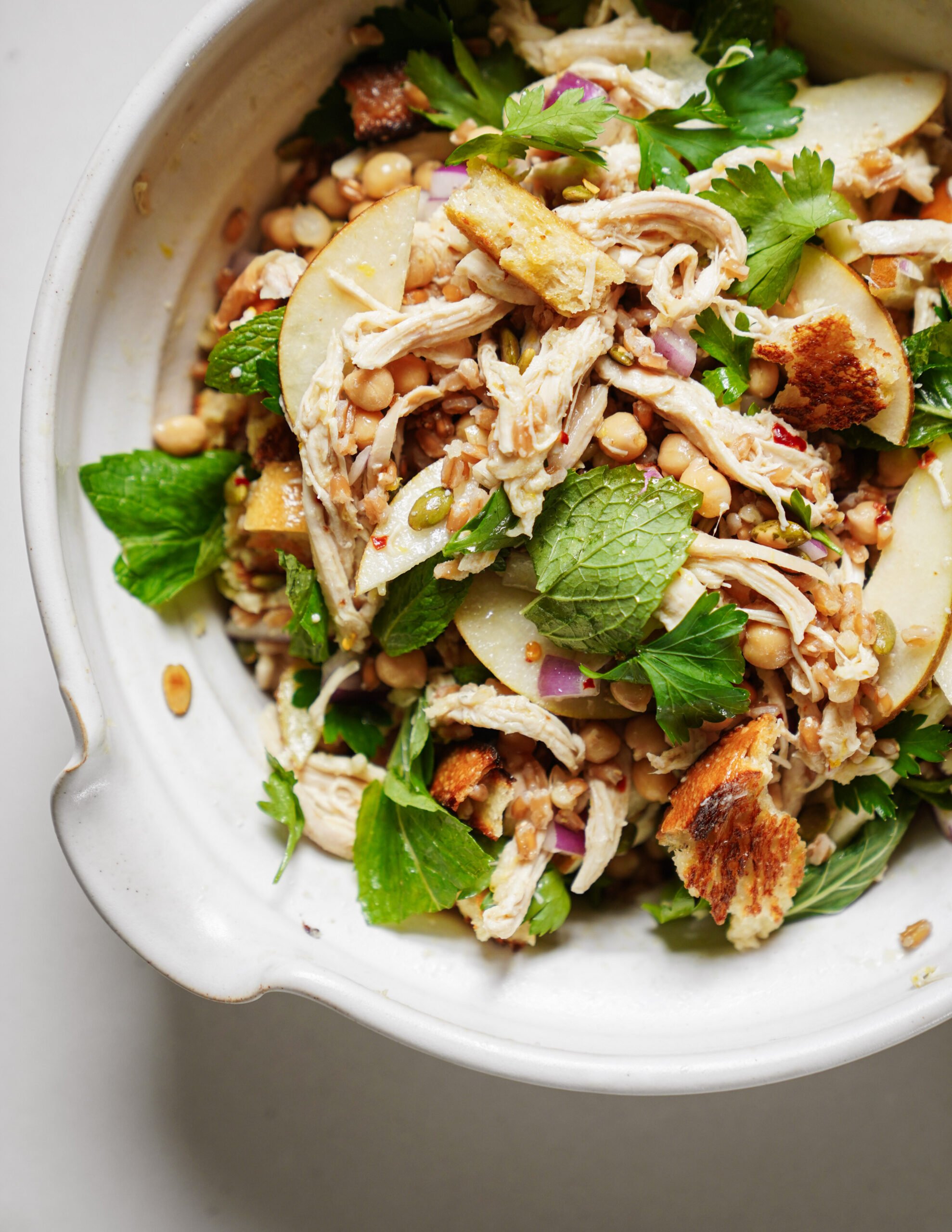 A white bowl filled with a salad made of shredded chicken, sliced apples, leafy greens, white beans, red onion, fresh herbs, and toasted bread pieces.