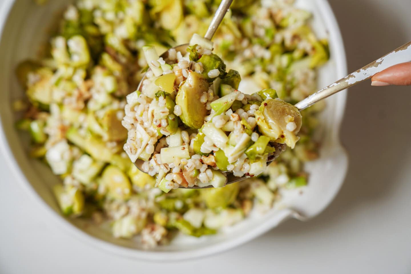A close-up of a spoonful of grain salad with chopped avocado, grains, and vegetables held above a bowl filled with the same salad.