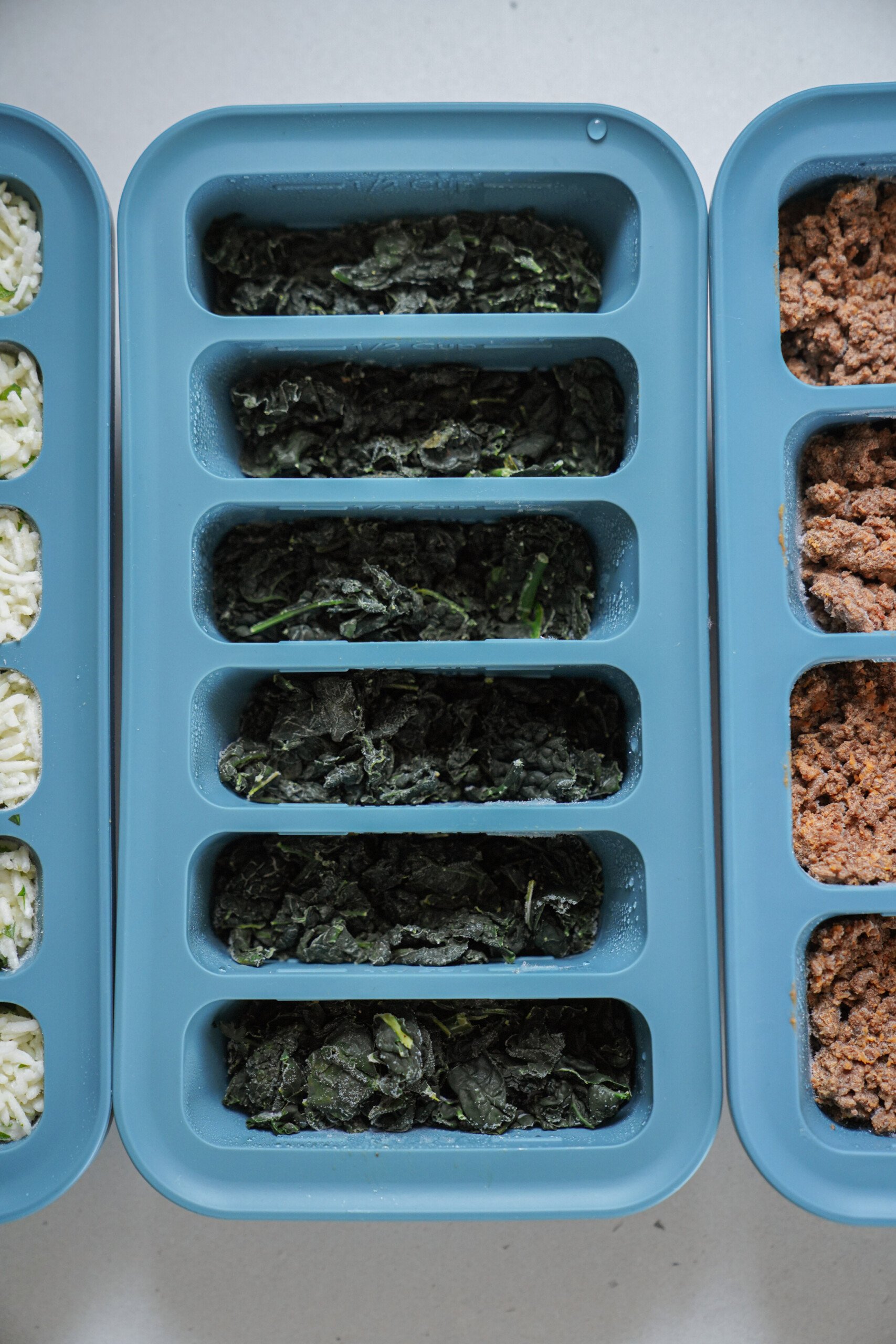 Blue silicone freezer trays filled with leafy greens, with other trays containing white rice on the left and cooked ground meat on the right, all seen from above.