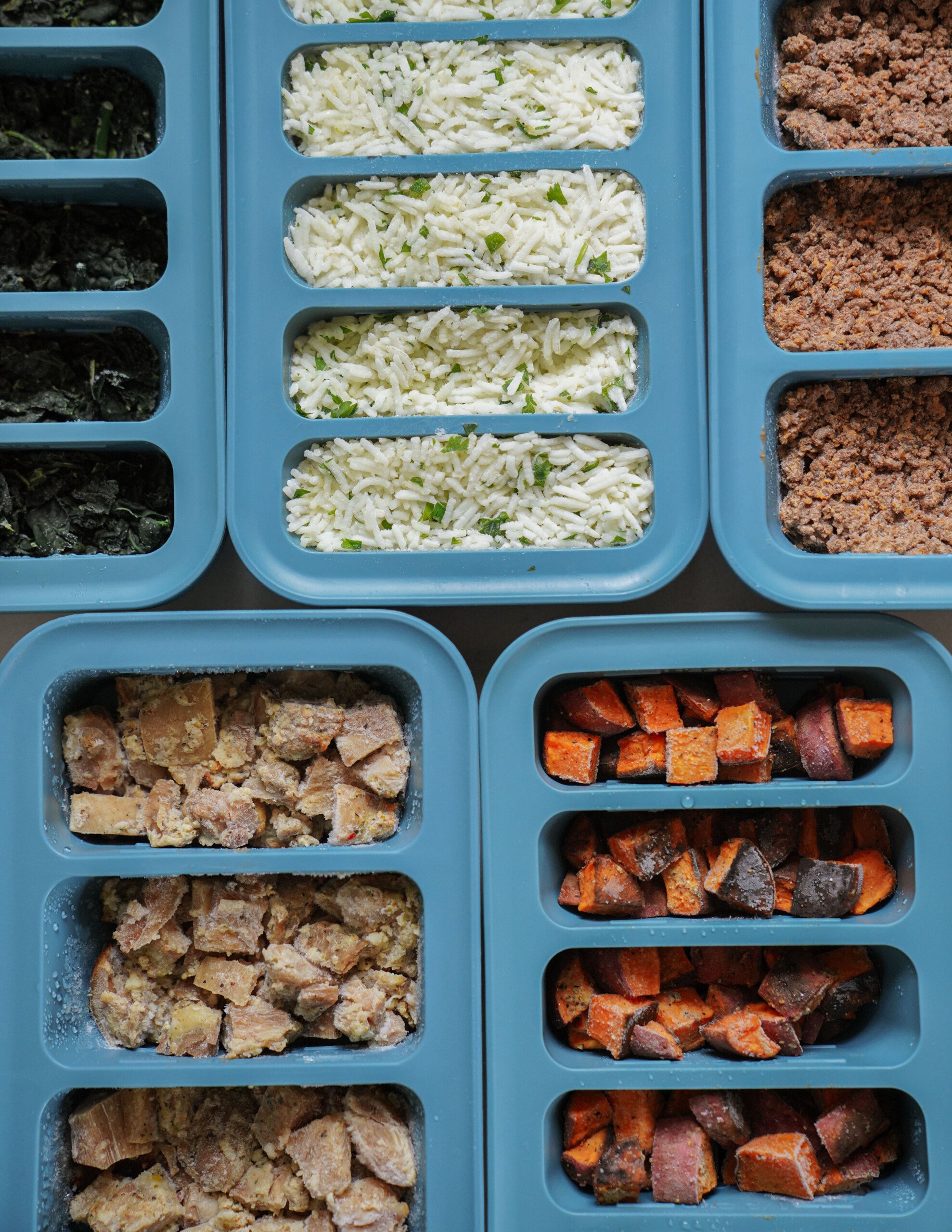Blue trays with separate compartments hold various prepared foods, including cooked rice with herbs, seasoned ground meat, leafy greens, cubed cooked sweet potatoes, and chunks of browned meat.
