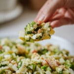 A hand holds a chip topped with a chunky mixture of chopped eggs, pickles, bacon, herbs, and vegetables over a plate filled with the same salad.