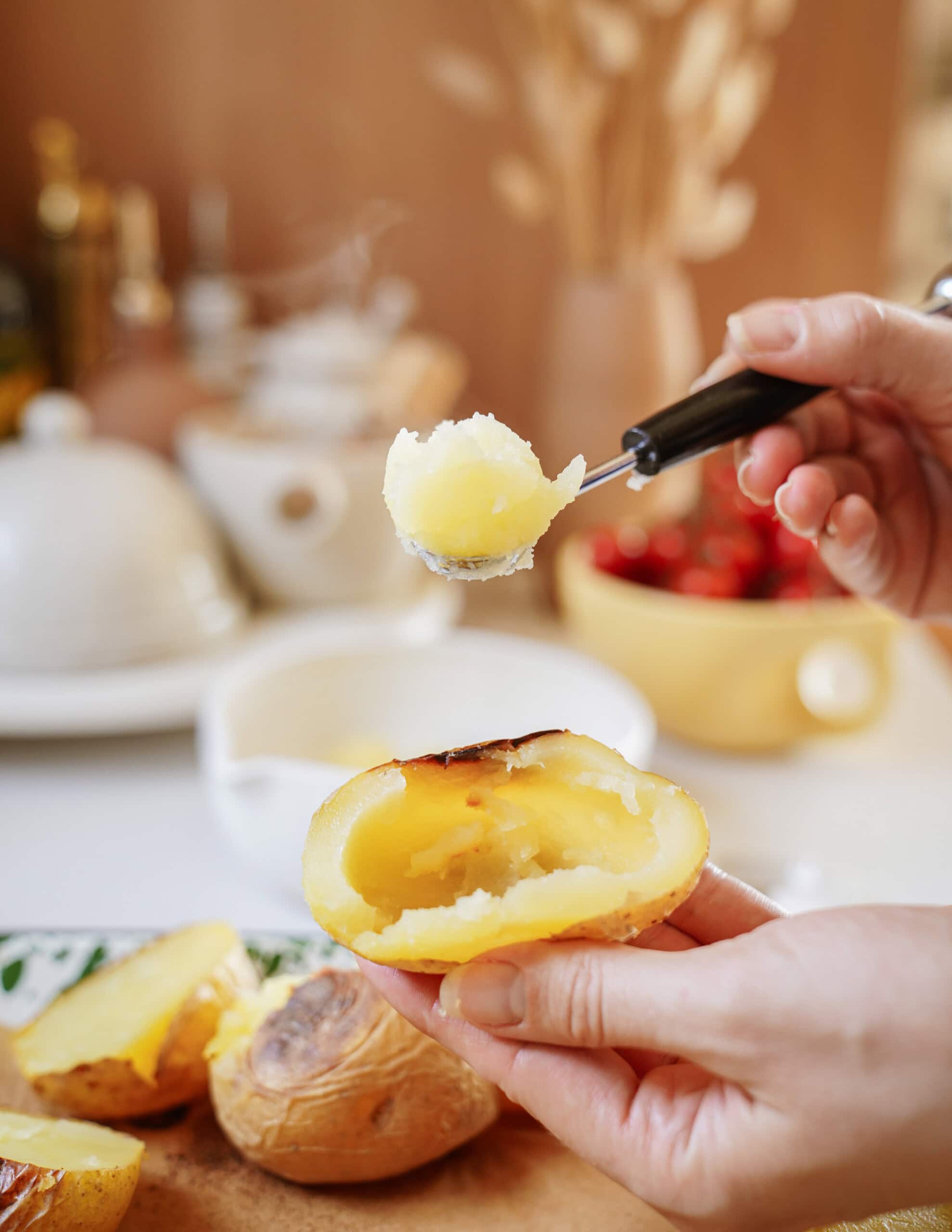 A person uses a spoon to scoop the inside out of a baked potato, with other potatoes, dishes, and kitchen items blurred in the background. - 4
