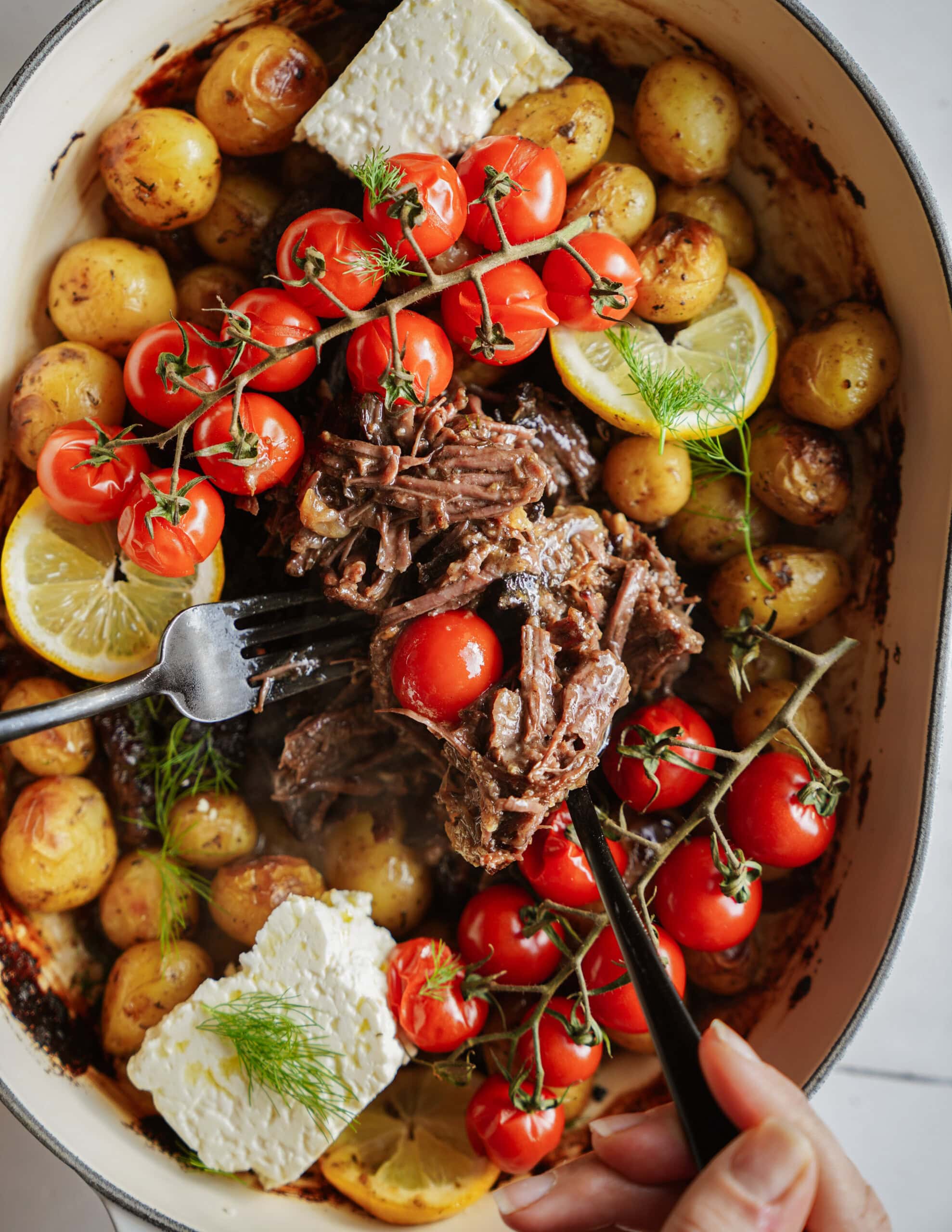 A baked dish with roasted baby potatoes, cherry tomatoes on the vine, blocks of feta cheese, lemon slices, and shredded beef being pulled apart with a fork, garnished with sprigs of fresh dill.