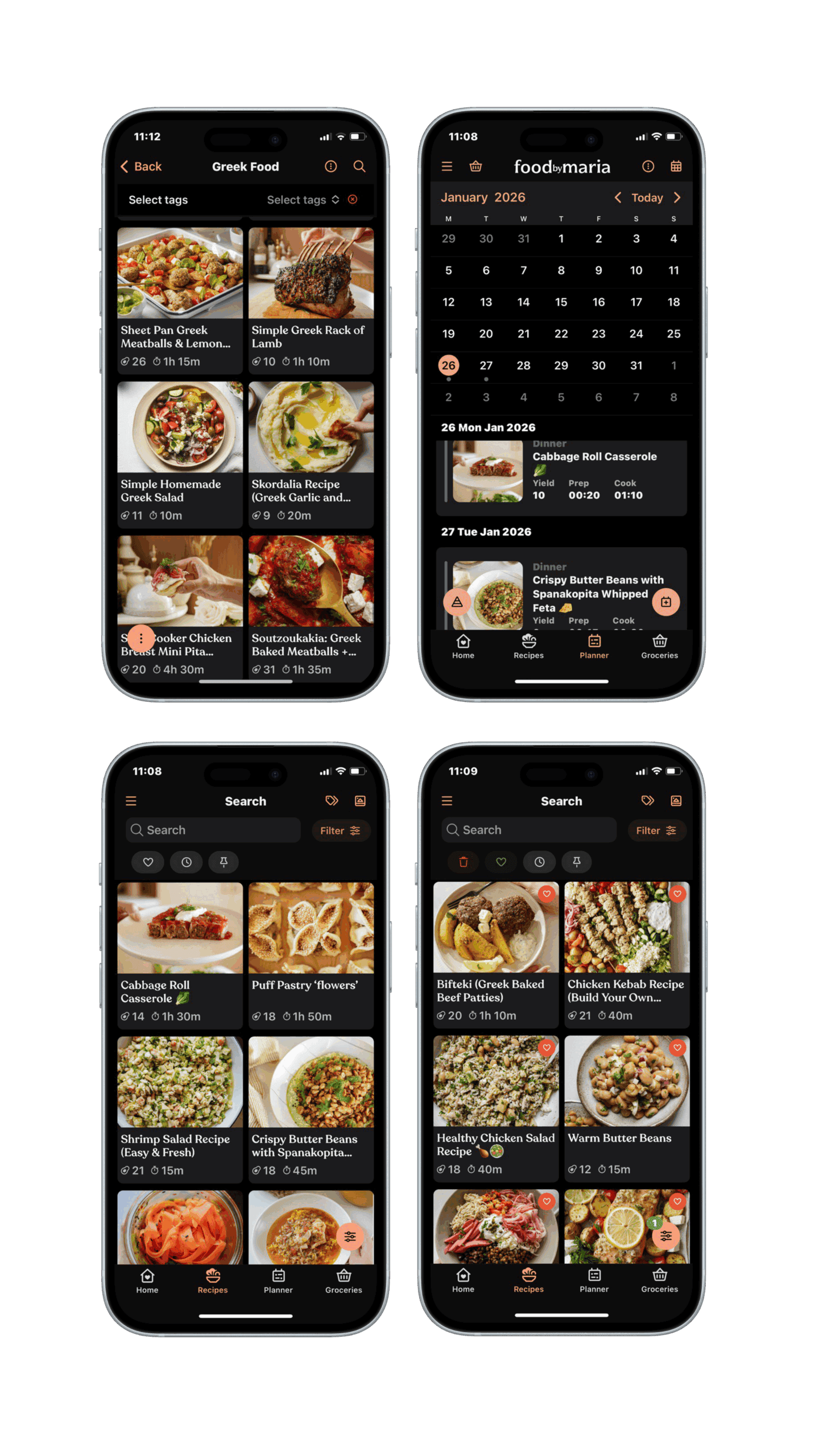 Four smartphone screens show a recipe app with images of Greek dishes, recipes with prep times, a calendar view for meal planning, and search and filter options for different meals.