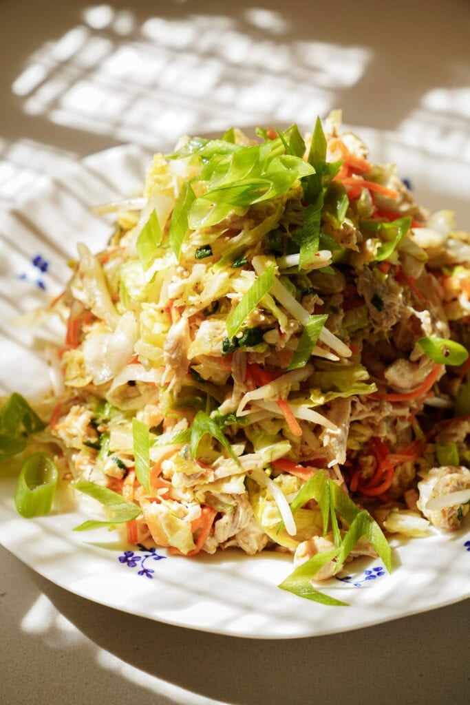 A plate of fresh salad with shredded lettuce, green onions, bean sprouts, and carrots, bathed in sunlight with a shadow pattern on the white dish.