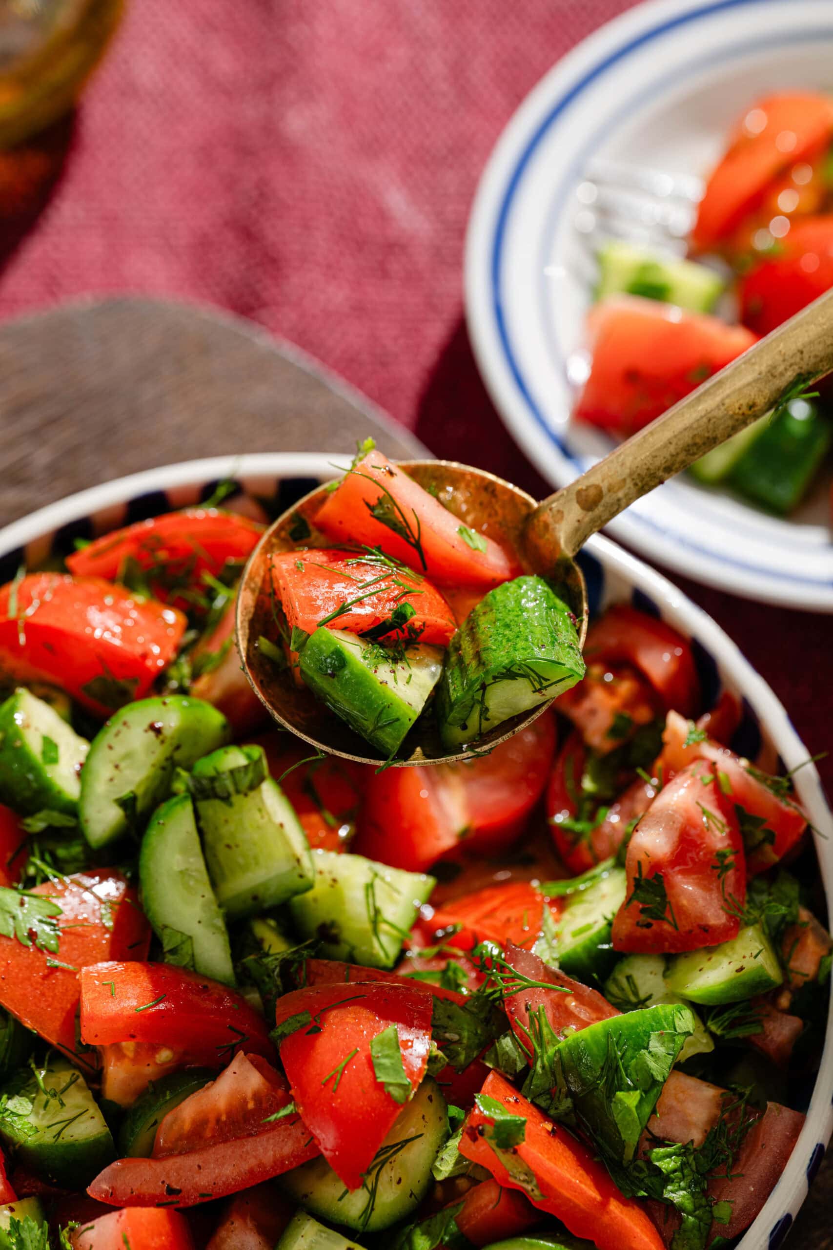 A close-up of a spoonful of fresh salad with chopped tomatoes, cucumbers, herbs, and greens over a bowl, with a plate of salad in the background on a red tablecloth.