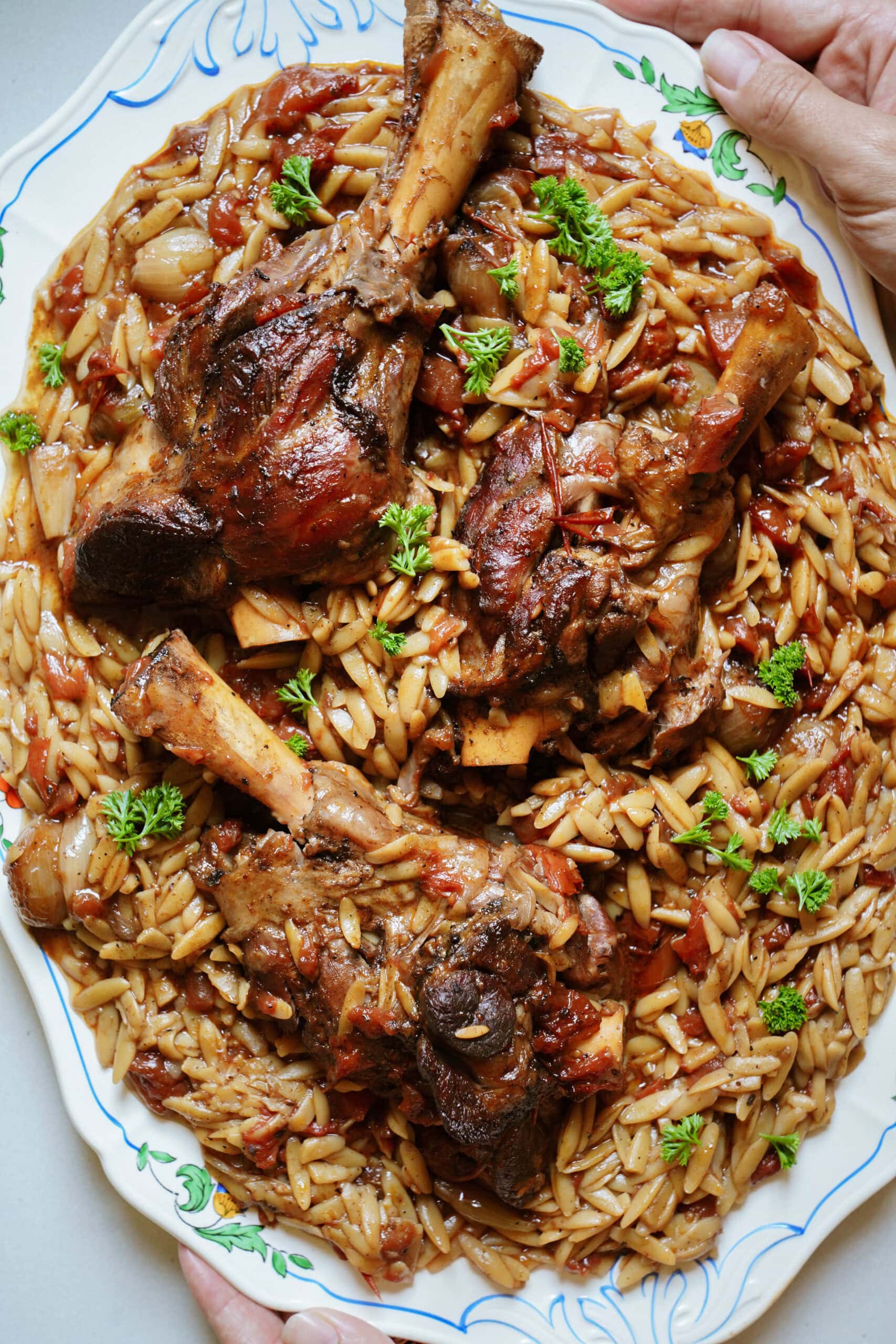 A platter of braised lamb shanks served over orzo pasta with tomato sauce, garnished with fresh parsley. Two hands hold the decorative plate.