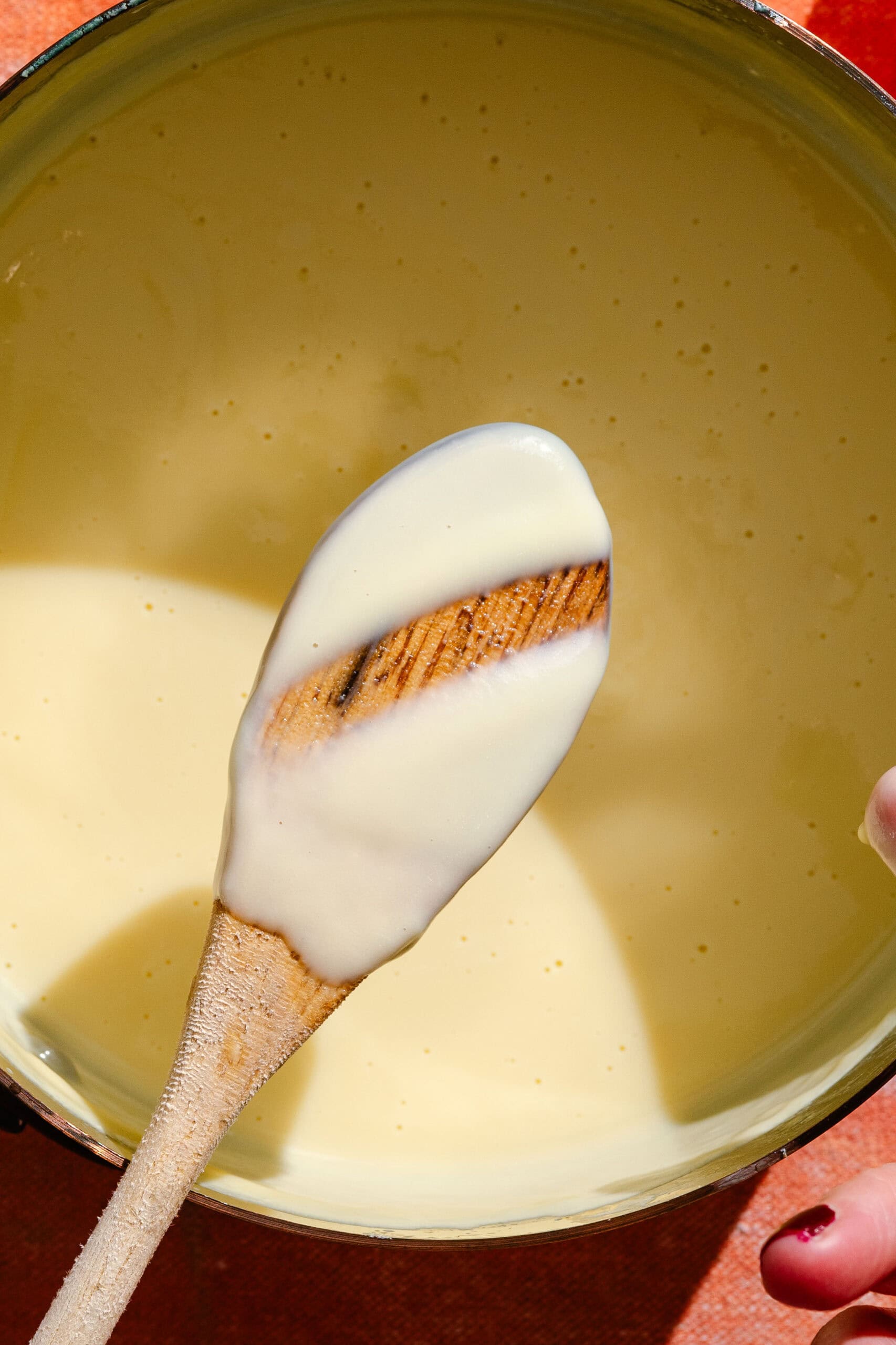 A wooden spoon coated with creamy sauce is held above a bowl of the same sauce, showing a line drawn through the sauce on the spoon.