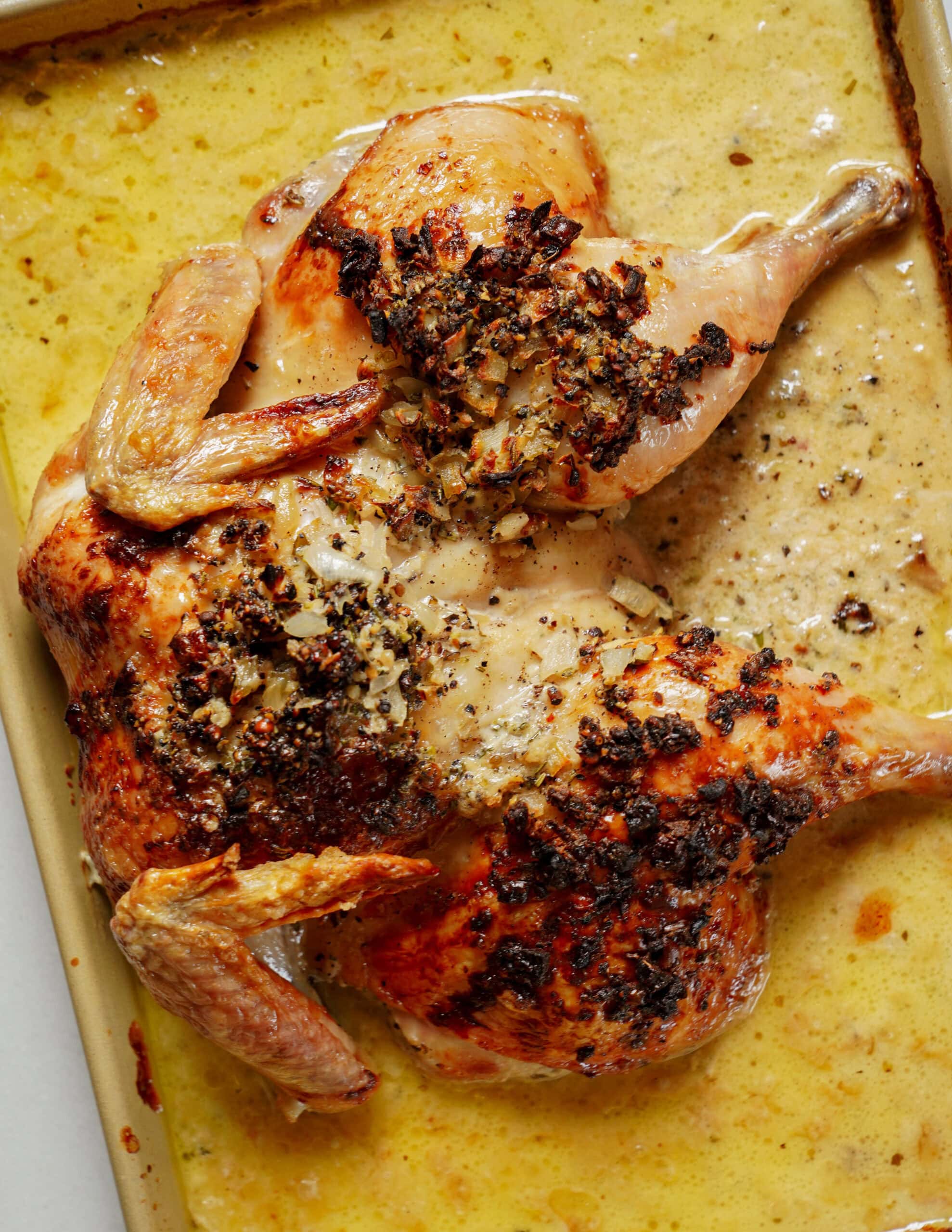 Roasted chicken with herbs in a creamy sauce in a baking pan.